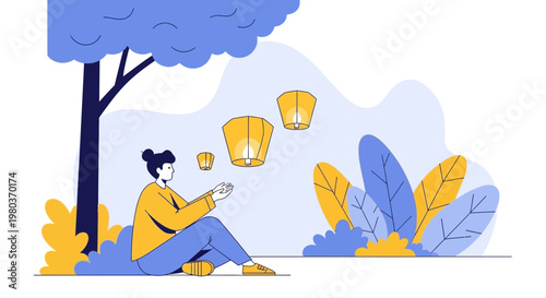 Woman Releasing Sky Lanterns Under Tree, Hopeful Moment, Night Celebration