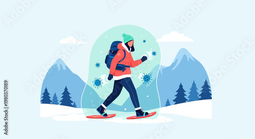 Woman snowshoeing in winter nature, protected from virus, healthy lifestyle