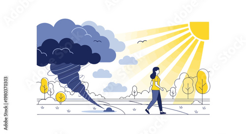 Woman walking away from tornado towards sunny sky, symbolizing hope and overcoming adversity