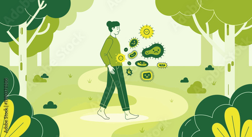 Woman walking in nature surrounded by microbes, healthy lifestyle, gut health concept