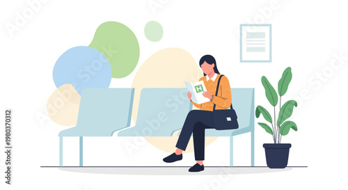 Woman waiting in clinic waiting room reading brochure, healthcare concept