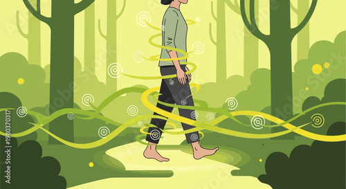 Woman walking barefoot in a lush green forest, surrounded by swirling energy and nature's aura.