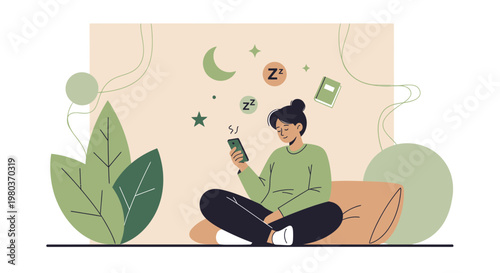 Woman using smartphone at night, sleeplessness concept, moon and stars above