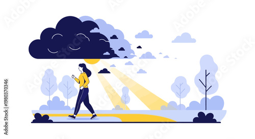 Woman walking through sunlight and clouds, symbolizing hope and overcoming challenges