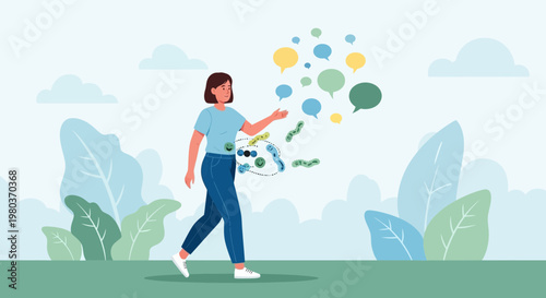 Woman Walking with Thoughts and Ideas Bubbles, Gut Health and Communication Concept