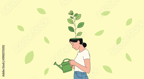 Woman watering plant growing from her head, symbolizing growth, self-care, and mental well-being