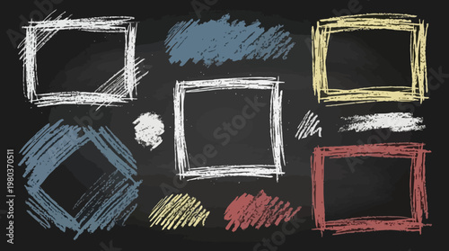 Chalk texture stain set. Hand drawn chalk background doodle effect stain collection for crayon brush design, scratch frame shape. Crayon texture pencil effect. Vector illustration