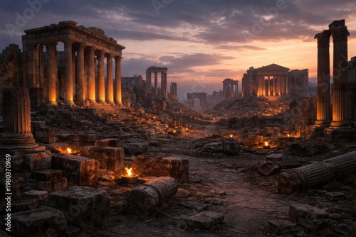 Historic ruins of an ancient city at dusk with glowing twilight