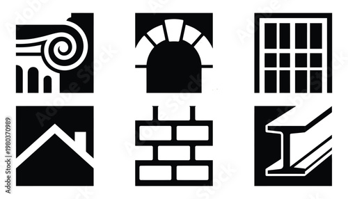 Architectural and construction icons set featuring building elements and structural symbols