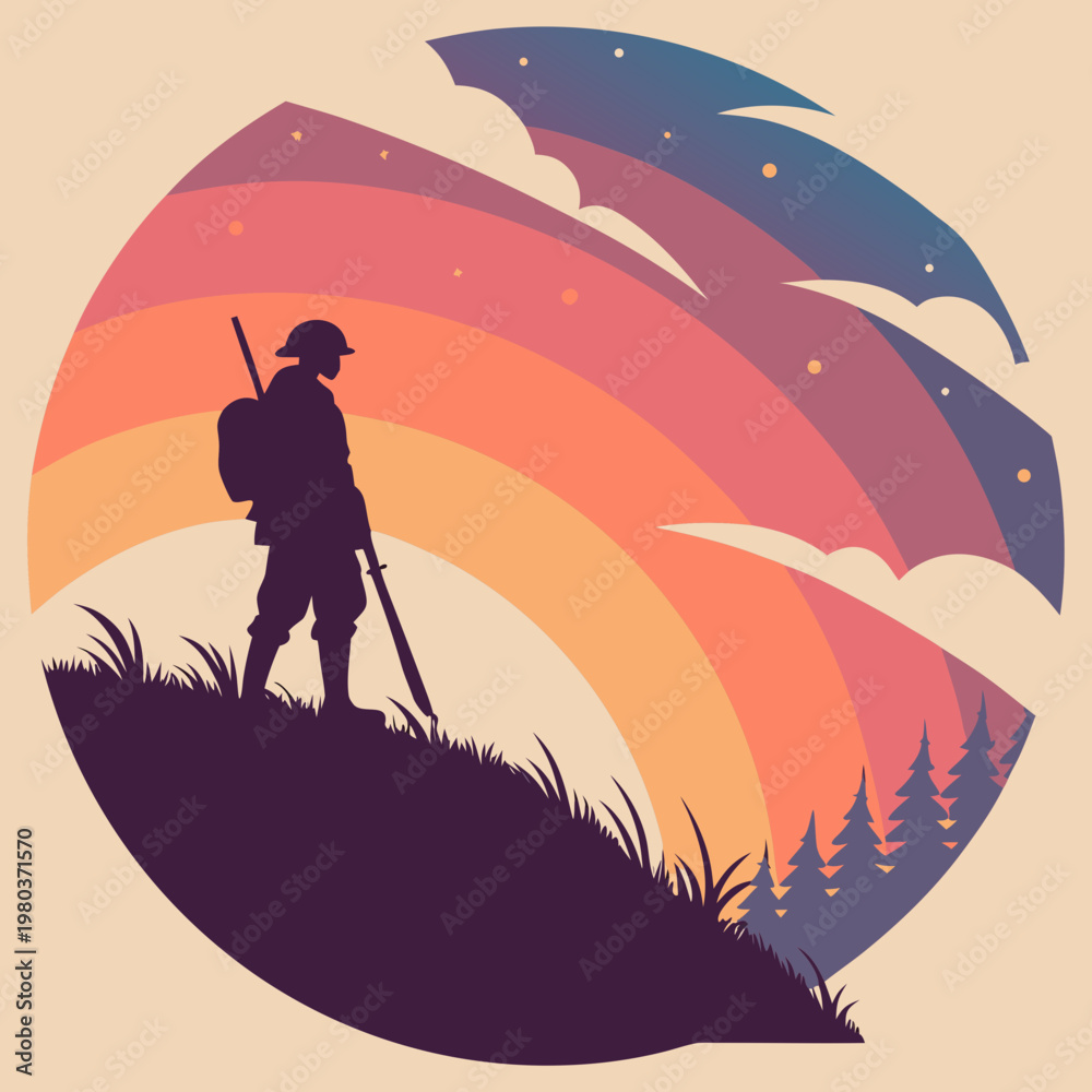 Fototapeta premium Soldier silhouette in circular frame overlooking landscape at sunset with rainbow clouds and starry night sky, vintage feel.