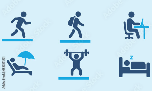 A collection of simple blue glyph icons depicting various lifestyle activities and daily routines high-quality professional detailed modern elegant stylish