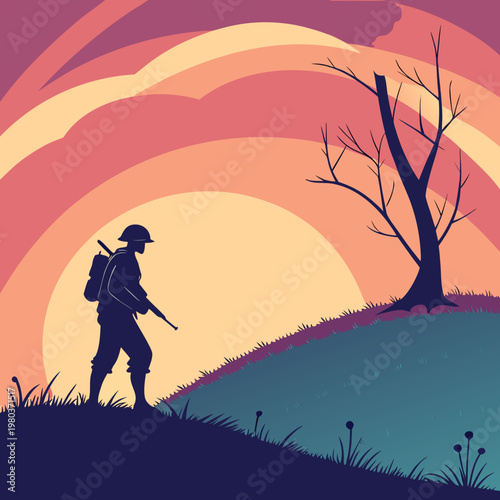 Silhouette of world war soldier walking on hill at sunset with rifle and backpack standing near leafless tree in field under warm orange evening sky.