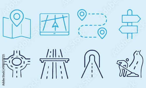 A collection of blue line icons depicting various navigation and transportation related elements high-quality professional detailed modern elegant stylish clean
