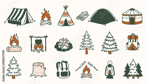 Camping and outdoor adventure hand drawn icon set