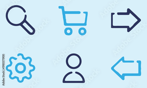 A collection of simple blue line icons representing search shopping direction settings user and arrow high-quality professional detailed modern elegant