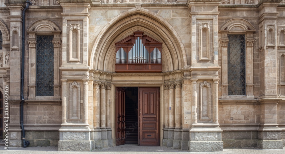 Obraz premium Renowned church doorway with classic pipe organ and copy space