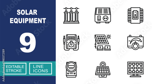 Solar Equipment set of web icons in line style. Containing capacitor, inverter, breaker, multimeter, panel, battery, meter, solar, and photovoltaic and more. Editable stroke icons collection.