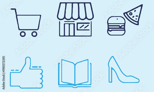A collection of simple line art icons depicting shopping food approval learning and fashion high-quality professional detailed modern elegant stylish