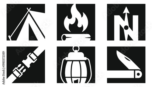 Camping and outdoor adventure icon set in black and white minimalist style
