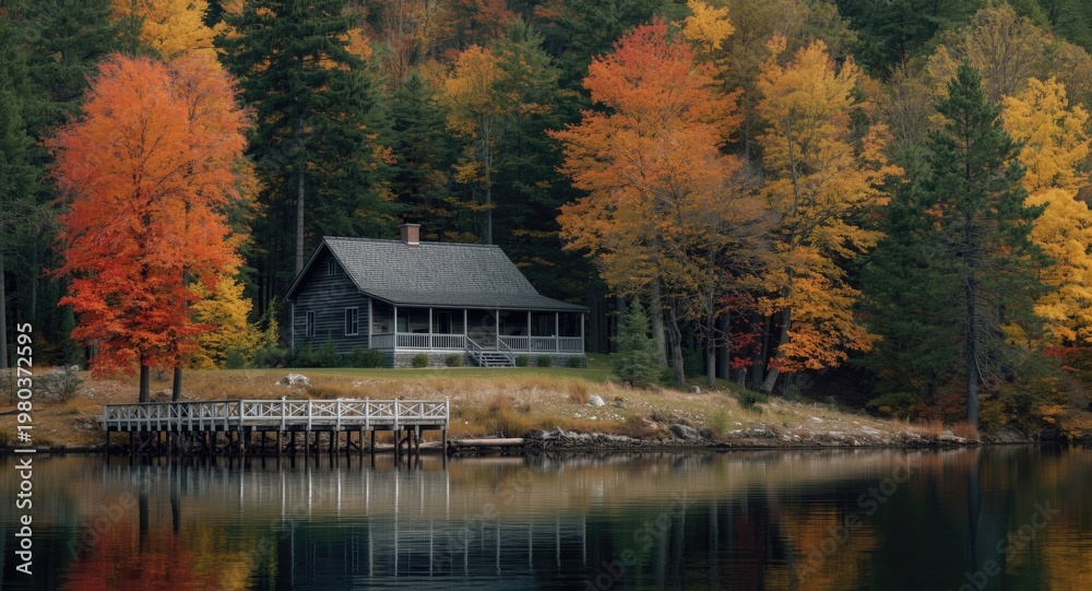 Obraz premium Wooden lakefront house and old pier set amid vibrant forest foliage