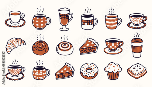 Coffee and pastry icons set for cafe branding