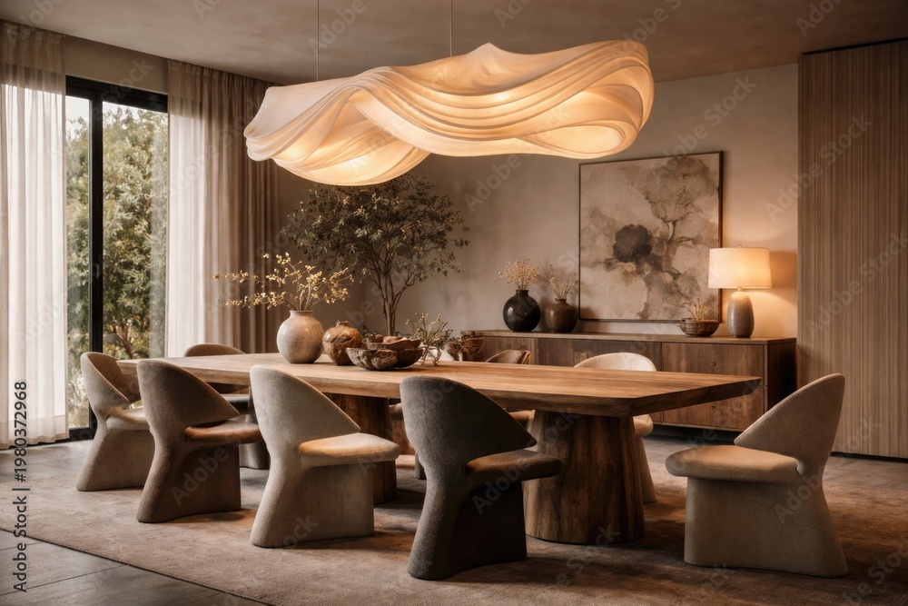 Fototapeta premium Dining room interior featuring a large table with uniquely designed chairs and a prominent overhead lamp mockup