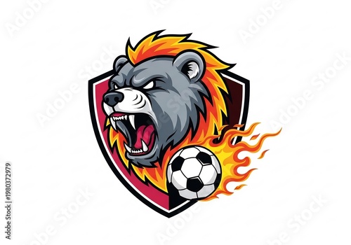 燃えるサッカーボールと凶暴なクマの紋章が大胆に描かれる