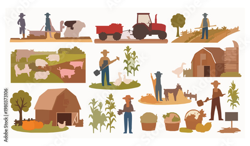Farming agriculture livestock and harvest cartoon vector set