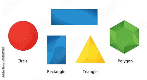 A vibrant collection of fundamental geometric shapes including a circle, rectangle, triangle, and polygon, perfect for educational content or diverse design projects