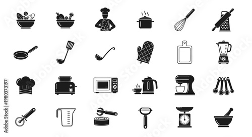 Black kitchen utensil and appliance icons.