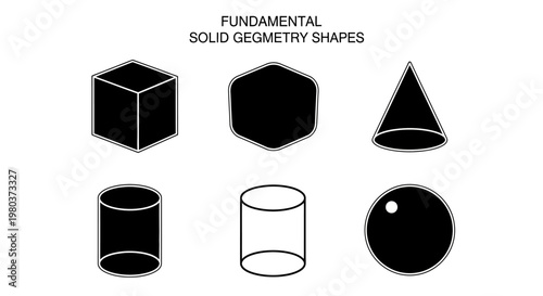 A visual compilation of fundamental solid geometry shapes including a cube, hexagonal prism, cone, cylinder, and sphere