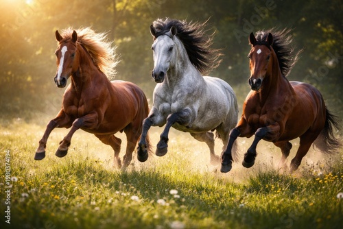 Three joyful horses leaping over a sunlit meadow