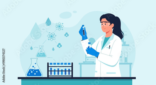 Scientist in Lab Coat Conducting Chemical Experiment with Test Tubes and Flasks