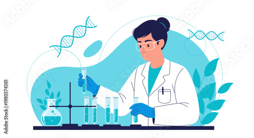 Scientist in Lab Coat Conducting DNA Research with Test Tubes and Microscopic Imagery