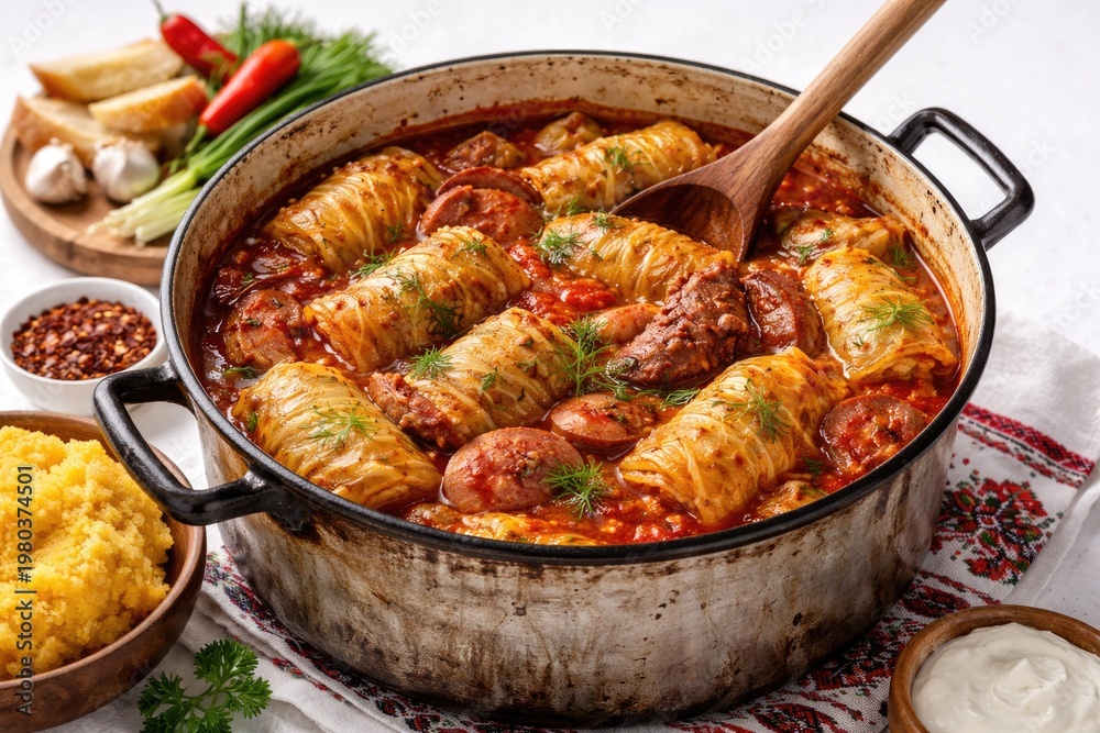 Fototapeta premium Traditional Romanian dish cooking in a pot on a white backdrop