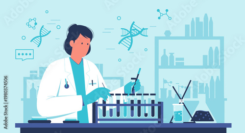 Scientist in Lab Coat Conducting Research with DNA and Test Tubes