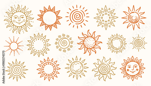 Hand drawn sun doodle set with various celestial sun shapes and icons