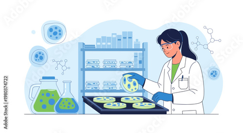 Scientist in Lab Coat Examining Petri Dishes with Cells, Research and Development