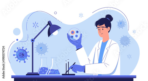 Scientist in Lab Coat Examining Petri Dish with Viruses, Research and Development