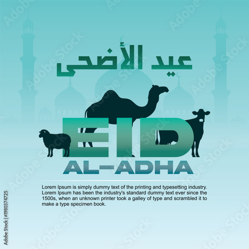 Eid al adha banner template with mosque, camel, cow and sheep vector design