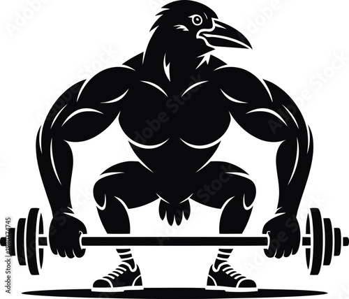 Black silhouette of muscular bird lifting weights