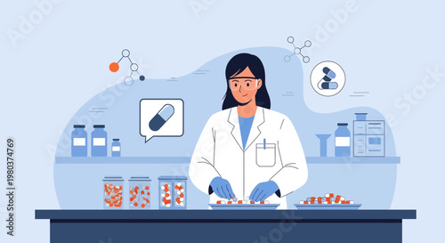 Scientist in Lab Coat Examining Pills and Capsules for Pharmaceutical Research