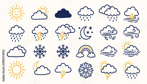 Hand drawn weather icon set with sun clouds and rain doodles