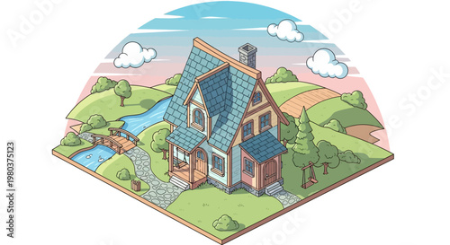 Isometric illustration of a colorful house in a rural landscape