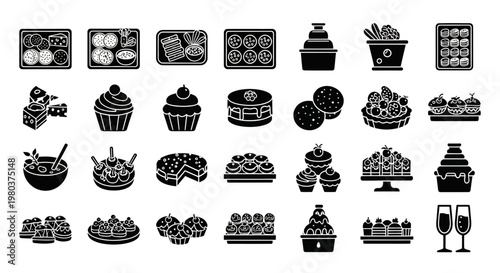 Collection of various dessert icons and symbols.