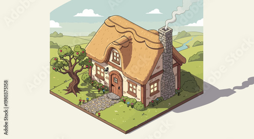Isometric illustration of a cottage with a thatched roof on a green landscape