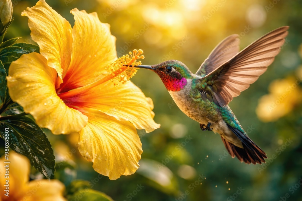 Fototapeta premium A joyful hummingbird sipping nectar from a bright yellow blossom enhanced by AI design