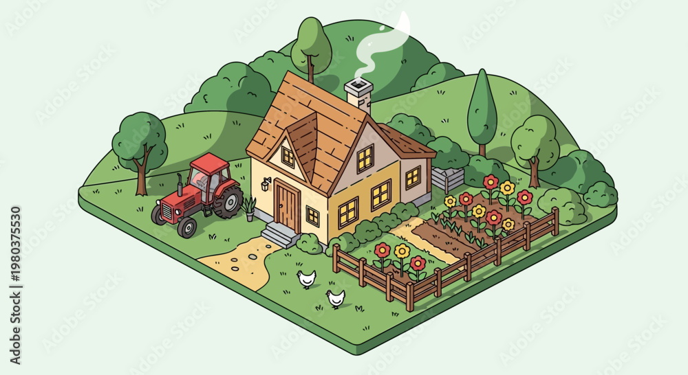 Fototapeta premium Isometric illustration of a farmhouse with tractor garden and chickens