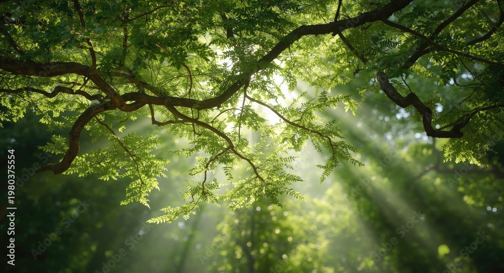 Fototapeta premium Sunlight streaming through lush green tree limbs seen from underneath