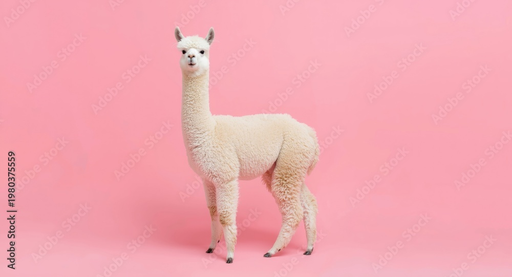 Fototapeta premium Funny white alpaca standing playfully on a soft pink backdrop